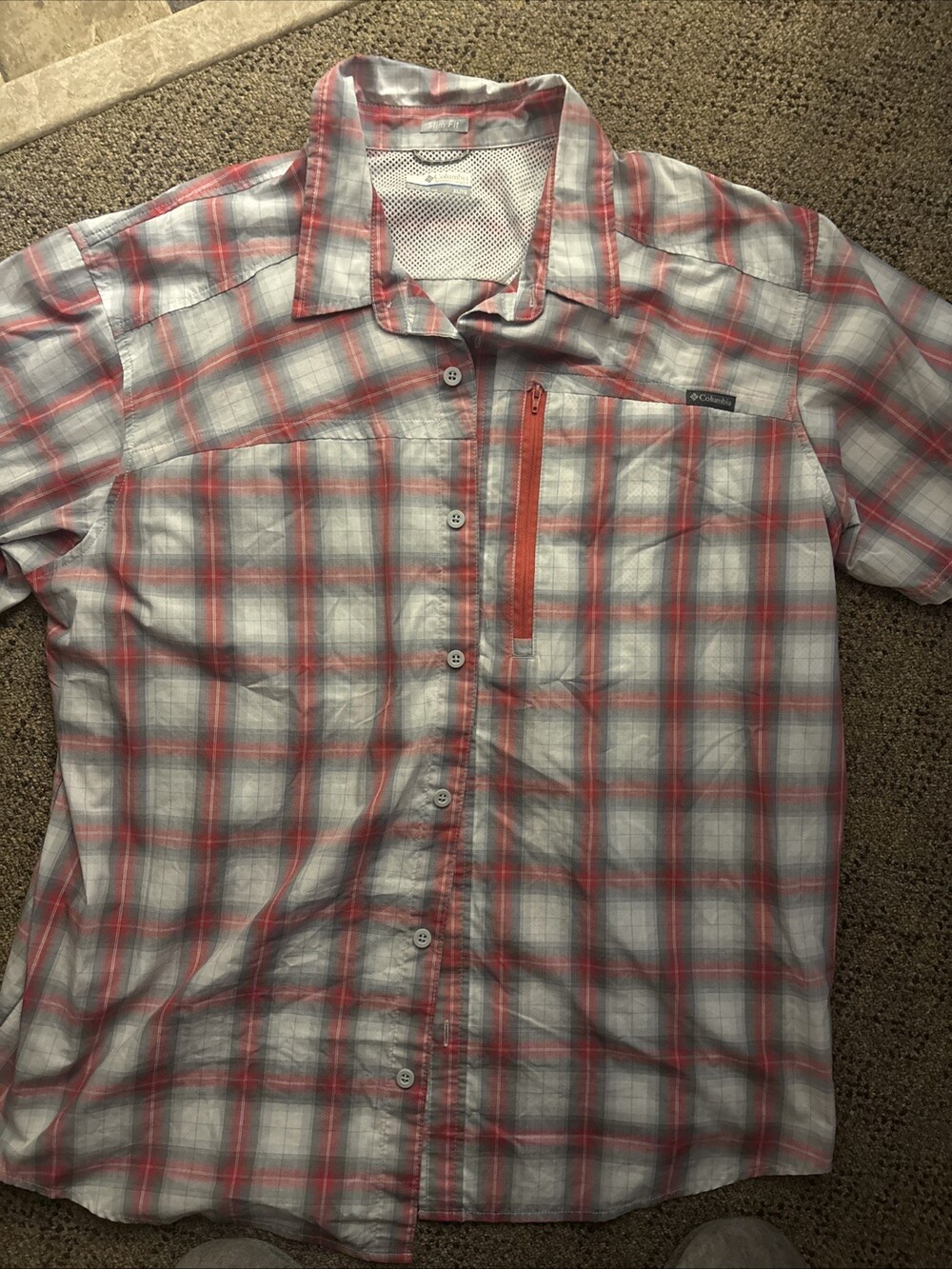 Columbia Mens XL Button Up Red Plaid Short Sleeve Outdoor Breathable Slim Fit